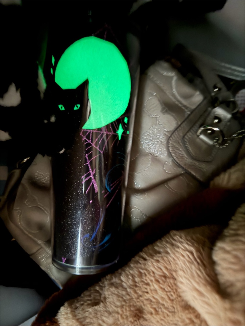 Starbucks Black Moon Cat Glow in Dark Glitter 24ozTumbler with Purple Accents